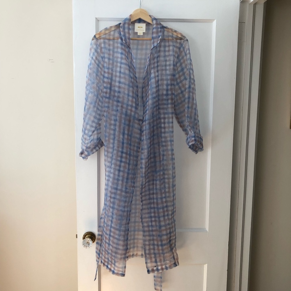 Anthropologie Sheer Plaid Wrap Tunic in Blue and Beige - Picture 5 of 8
